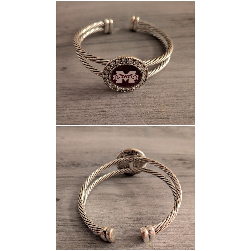 Mississippi State Bulldogs Cable Cuff Bracelet Silver Crystal Logo MSU Women